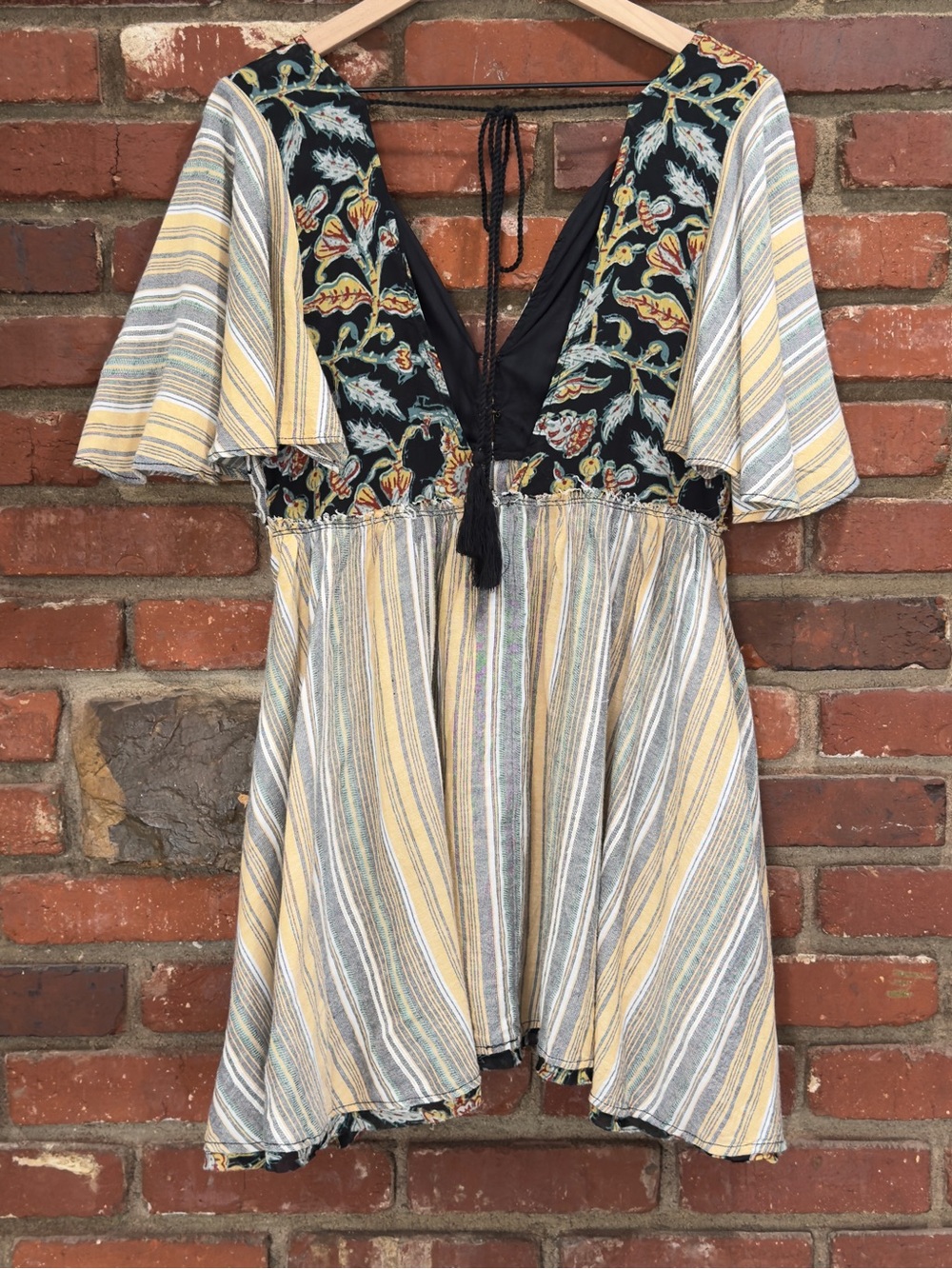 Free People Under the Sun Tunic dress black combo boho floral striped small FLAW - Picture 3 of 16